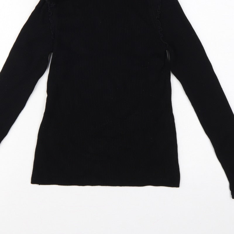 River Island Women Black UK 10 Ribbed High Neck Ruffle Jumper