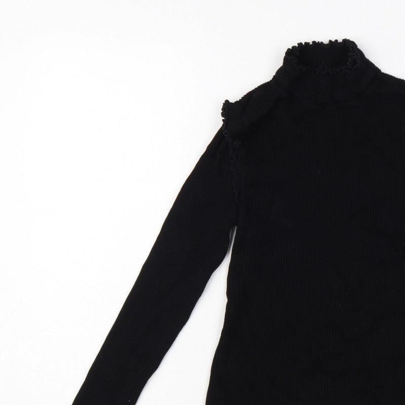 River Island Women Black UK 10 Ribbed High Neck Ruffle Jumper