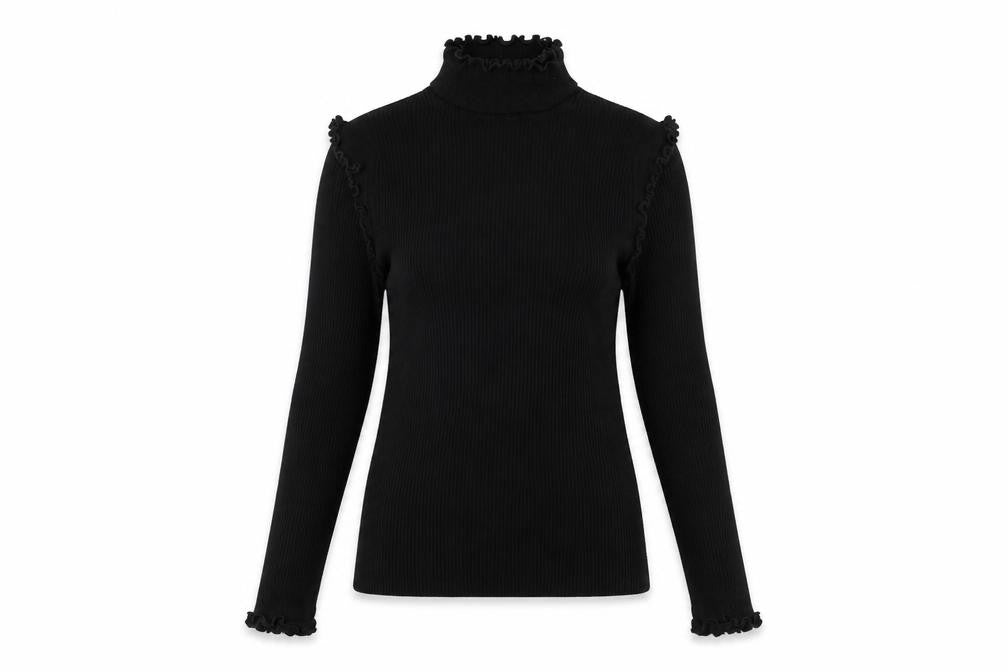 River Island Women Black UK 10 Ribbed High Neck Ruffle Jumper