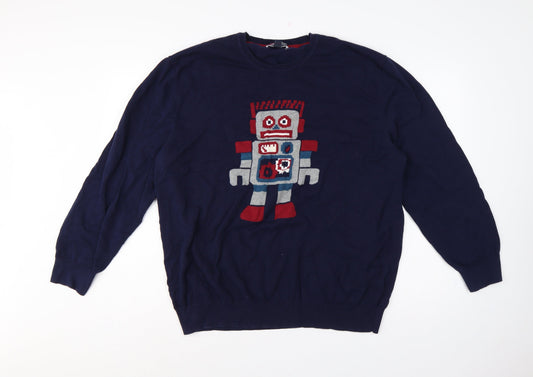 Club Room Men’s Blue 3XL Robot Graphic Pima Cotton Crew Neck Jumper