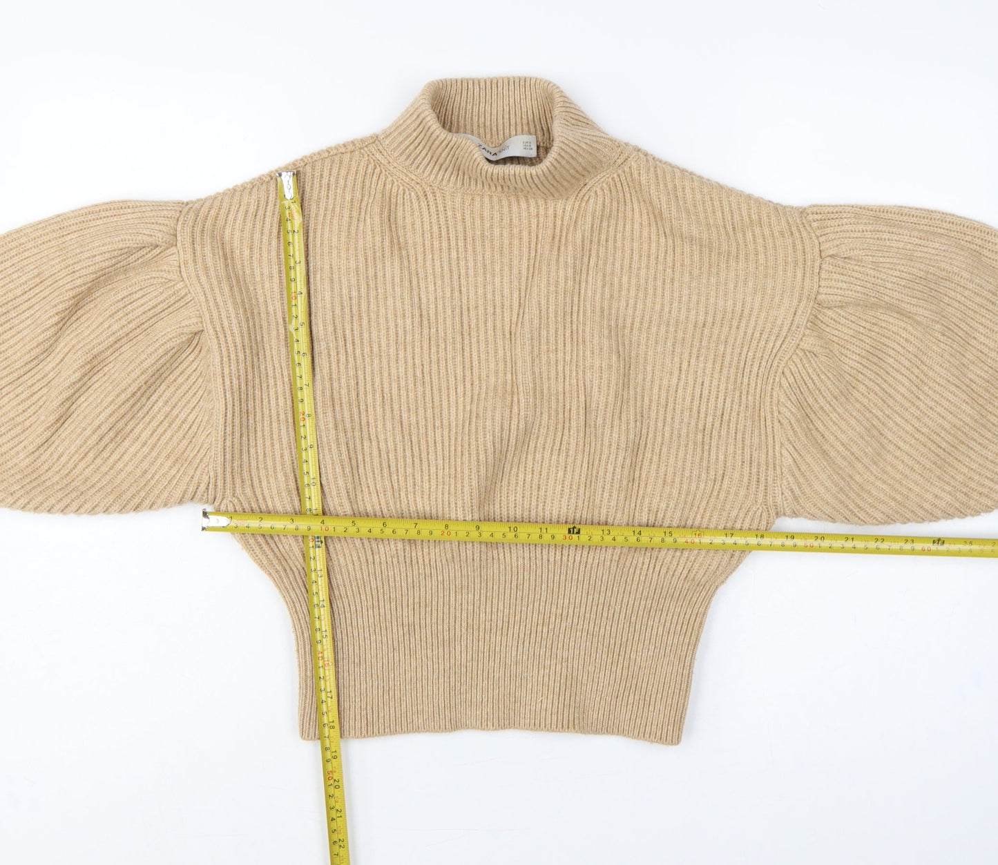 Zara Women Beige S Ribbed High Neck Puff Sleeve Knit Jumper