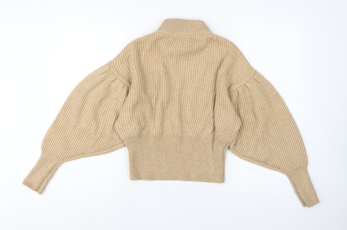 Zara Women Beige S Ribbed High Neck Puff Sleeve Knit Jumper