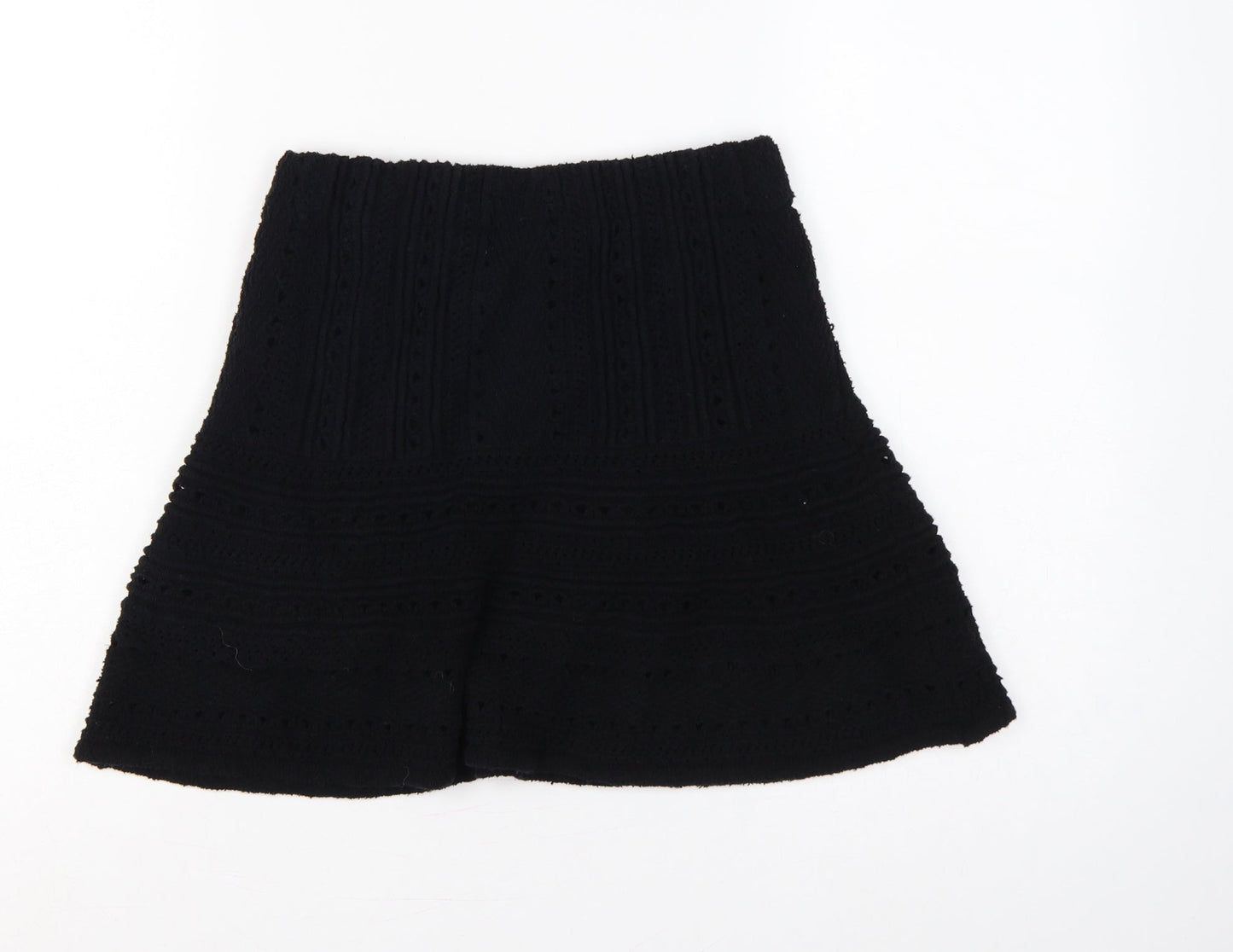 Zara Women Black S A-Line Mini Knit Cotton Blend Lined Skirt