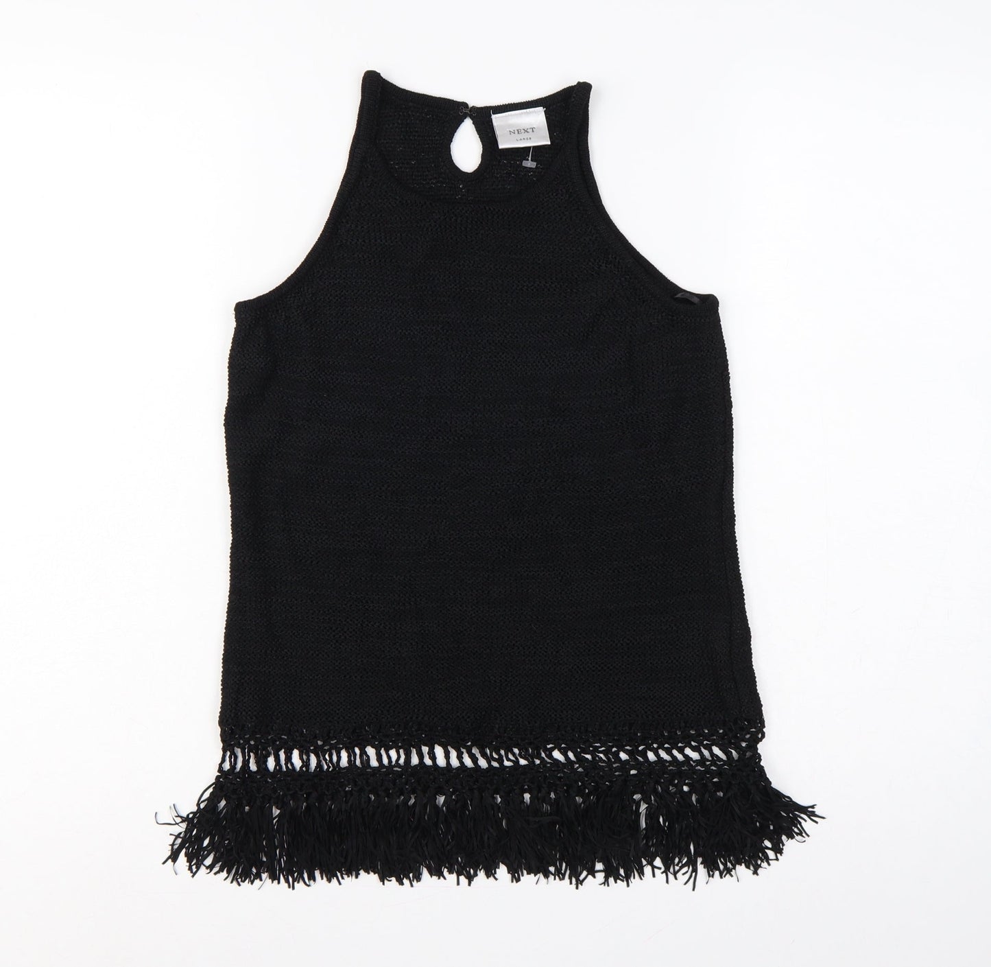 Next Women Black Large Knit Fringe Keyhole Sleeveless Tunic Tank Top