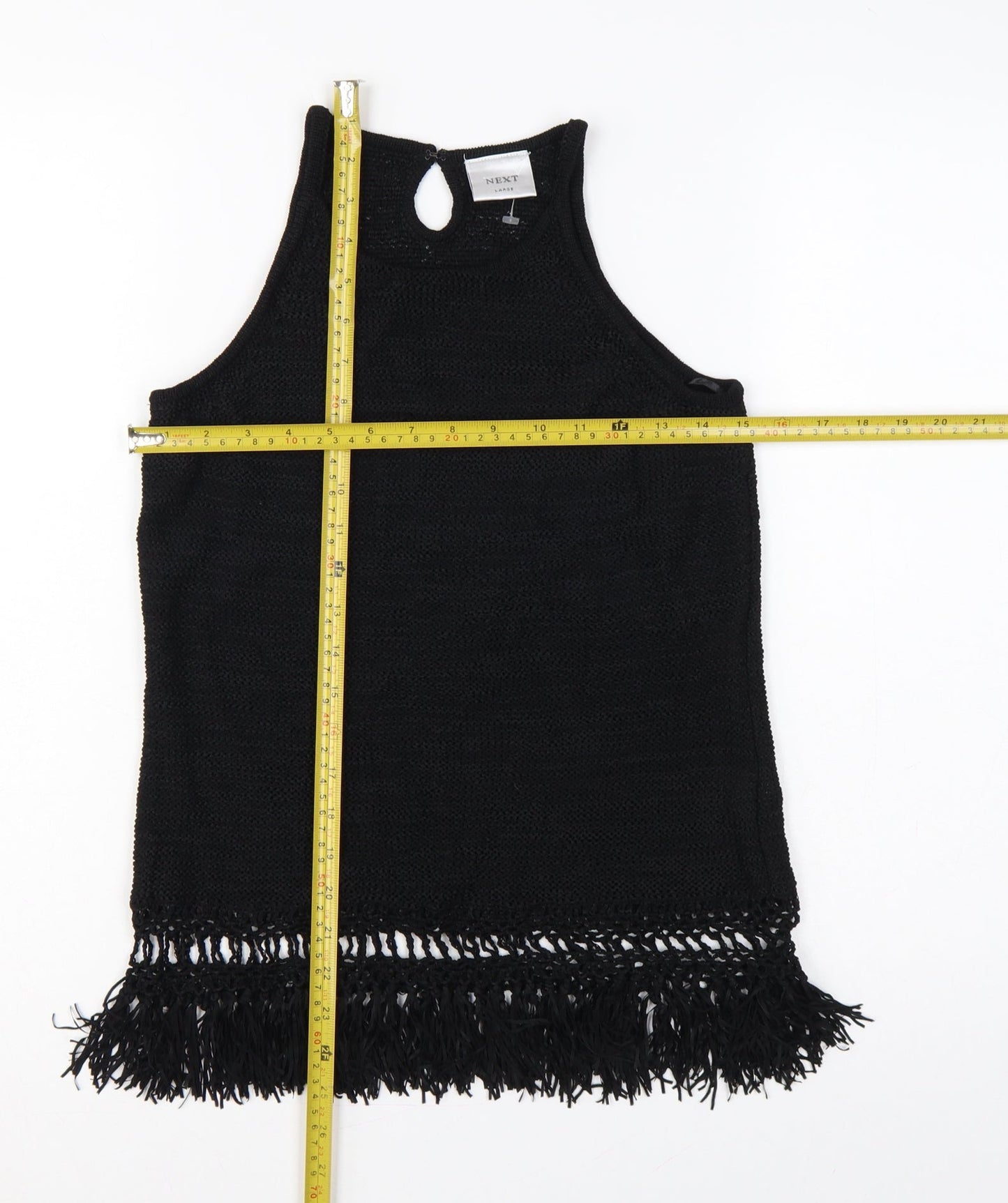 Next Women Black Large Knit Fringe Keyhole Sleeveless Tunic Tank Top
