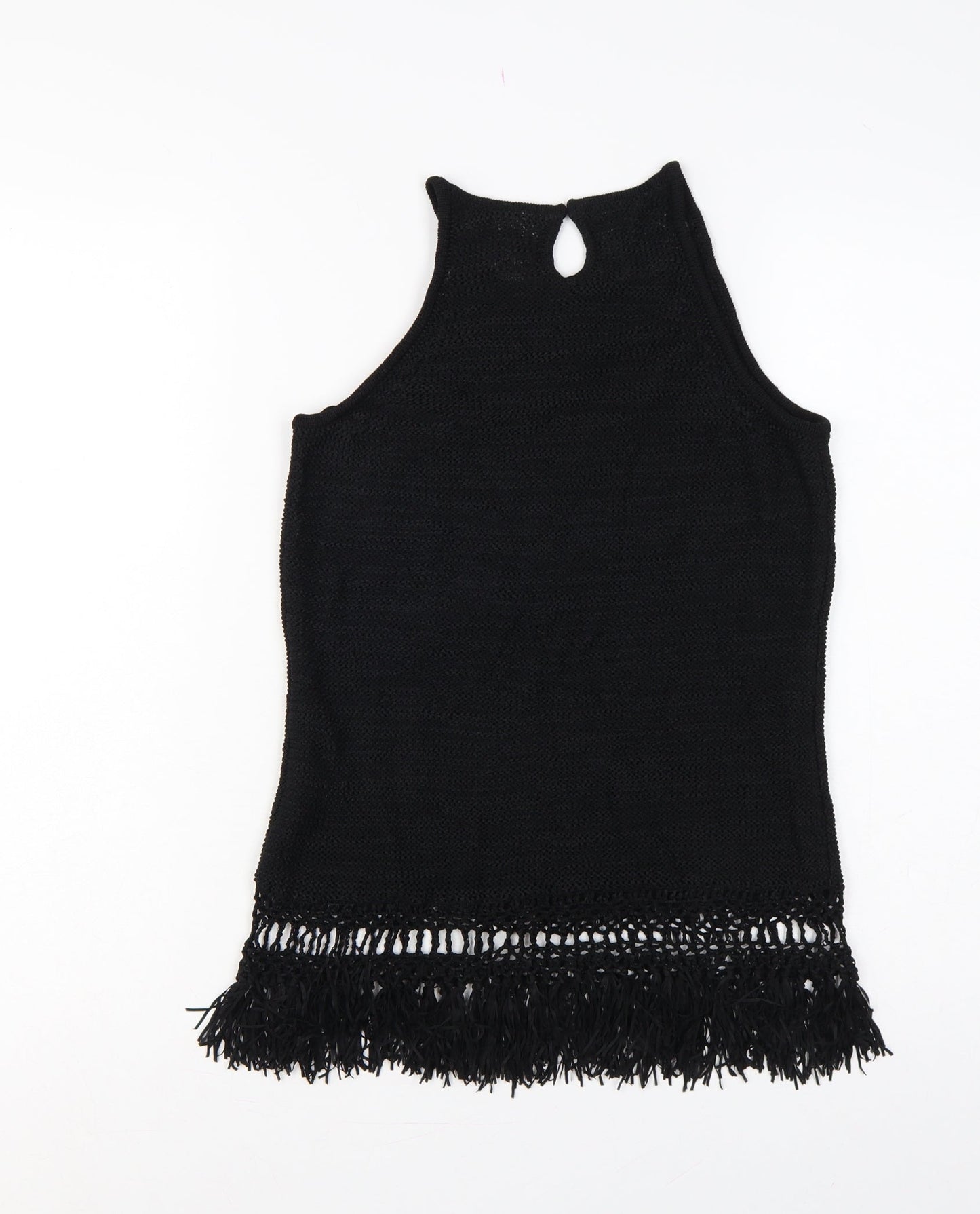 Next Women Black Large Knit Fringe Keyhole Sleeveless Tunic Tank Top