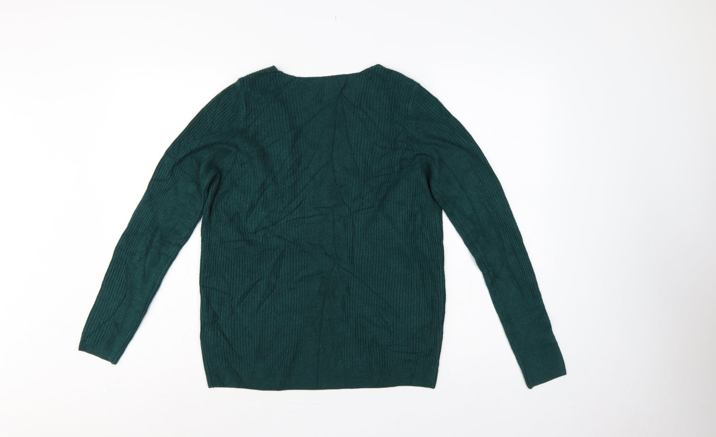Marks & Spencer Women Green UK 12 V-Neck Rib Knit Acrylic Jumper