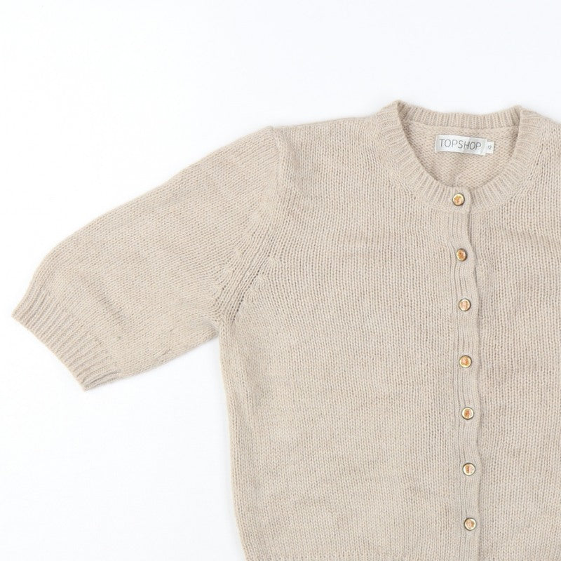 Topshop Women Beige Size 12 Short Sleeve Knit Button Cardigan