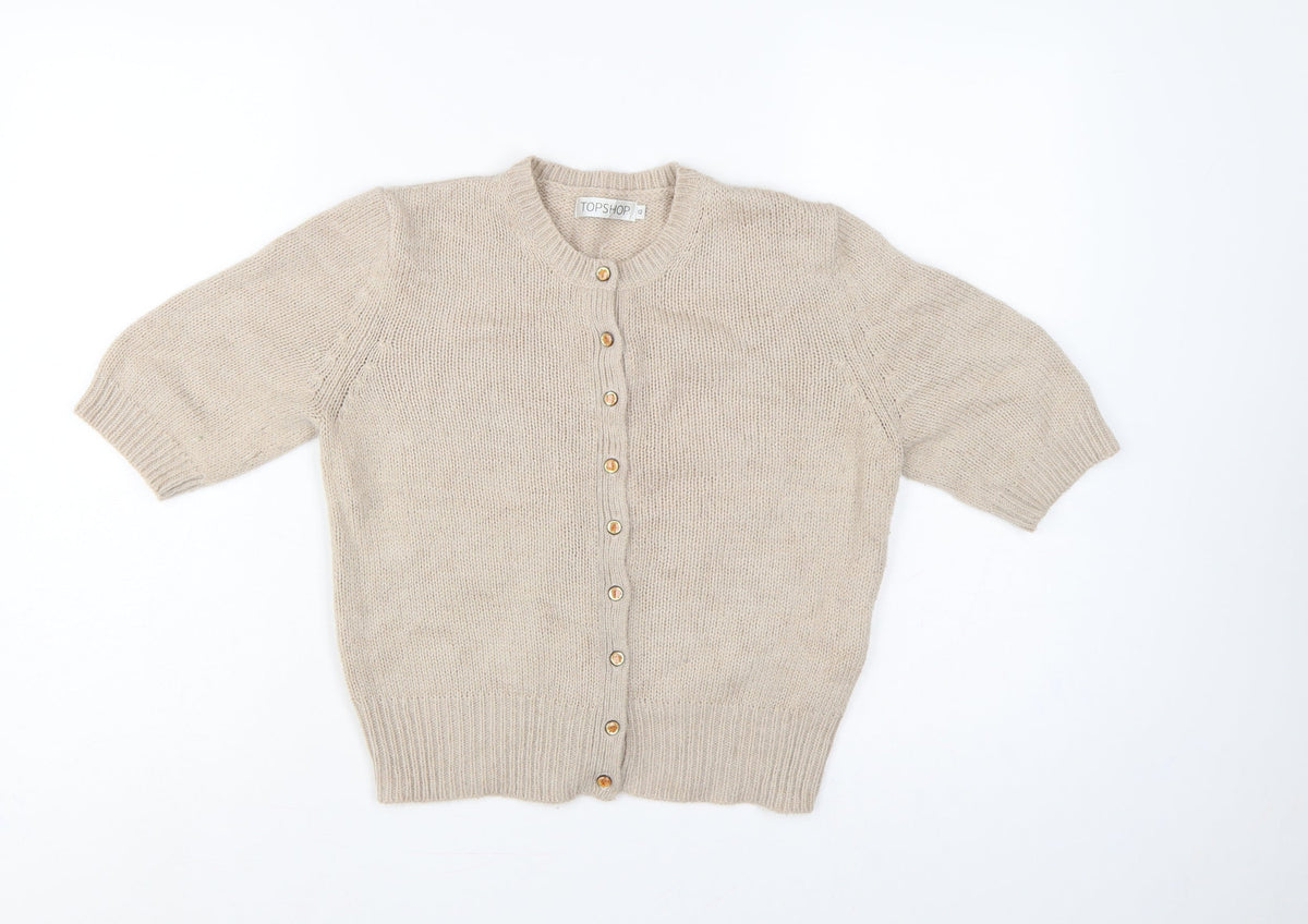 Topshop Women Beige Size 12 Short Sleeve Knit Button Cardigan