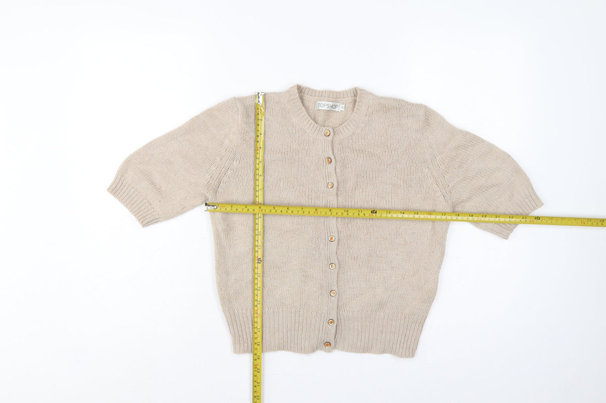 Topshop Women Beige Size 12 Short Sleeve Knit Button Cardigan