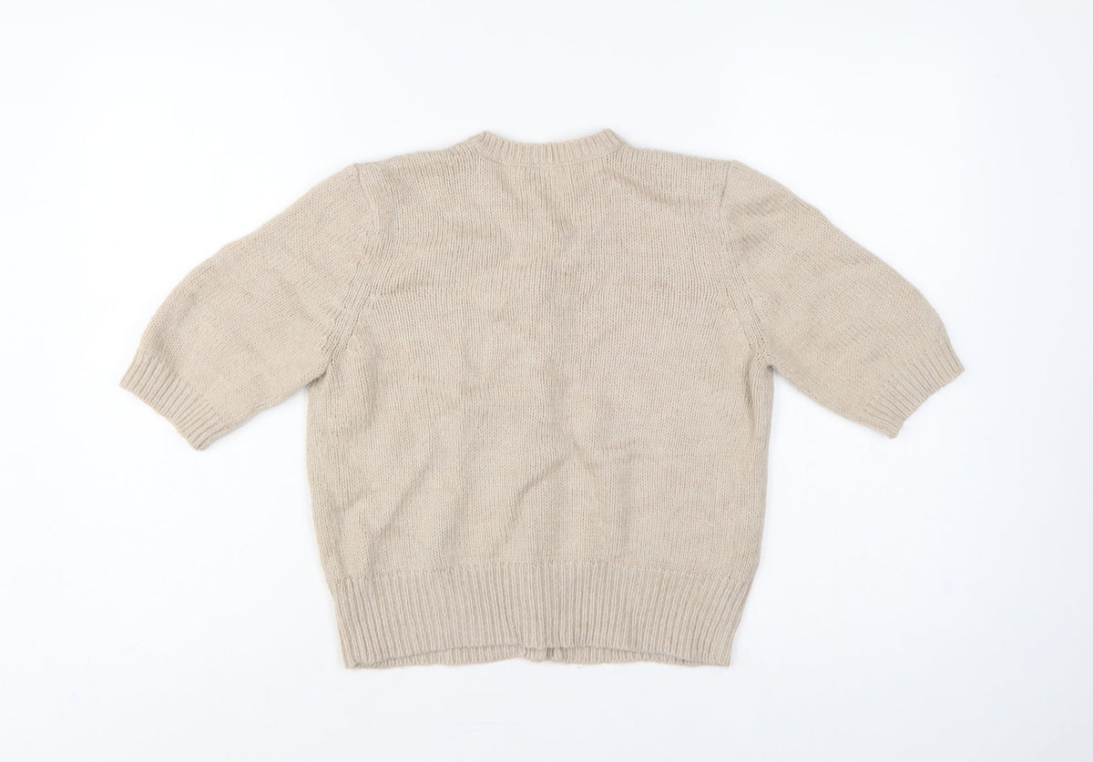 Topshop Women Beige Size 12 Short Sleeve Knit Button Cardigan