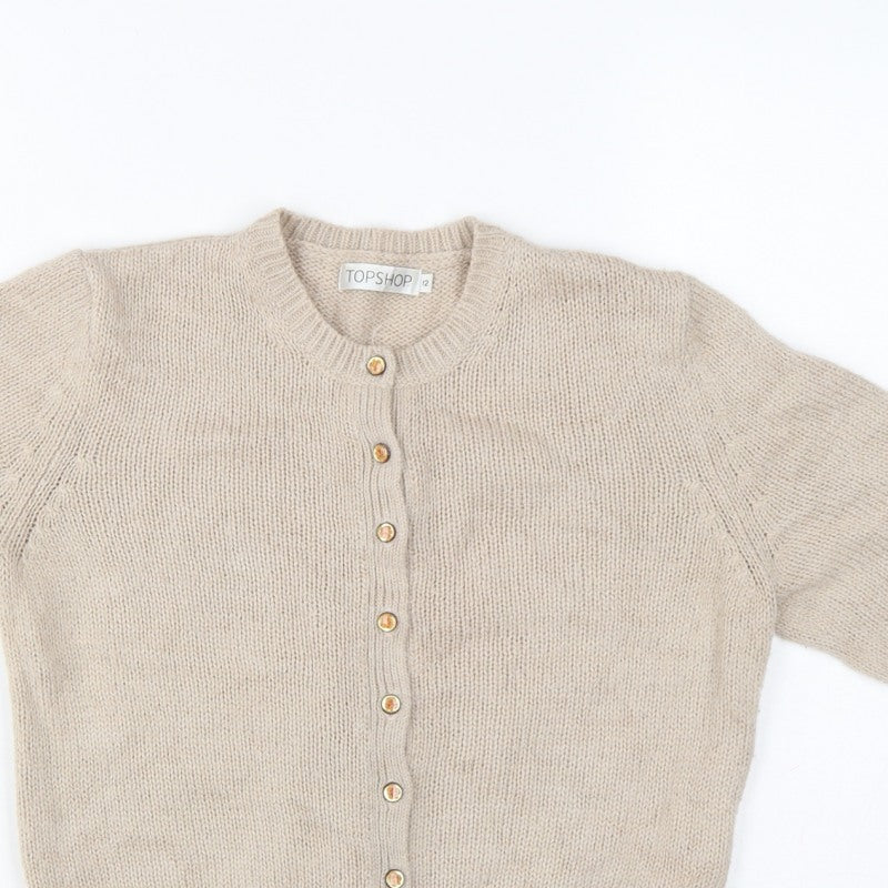Topshop Women Beige Size 12 Short Sleeve Knit Button Cardigan