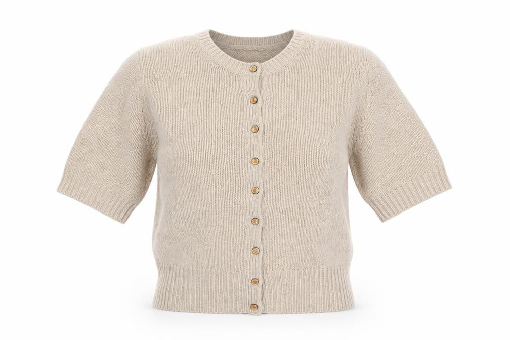 Topshop Women Beige Size 12 Short Sleeve Knit Button Cardigan
