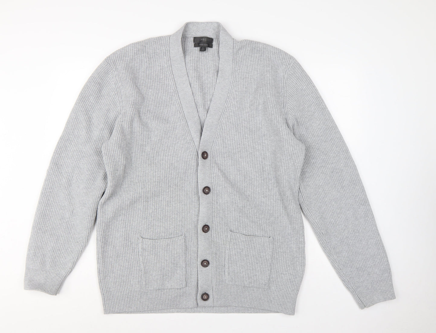 Marks and Spencer Men Grey XL Long Cotton Blend Rib Knit Cardigan