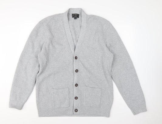 Marks and Spencer Men Grey XL Long Cotton Blend Rib Knit Cardigan