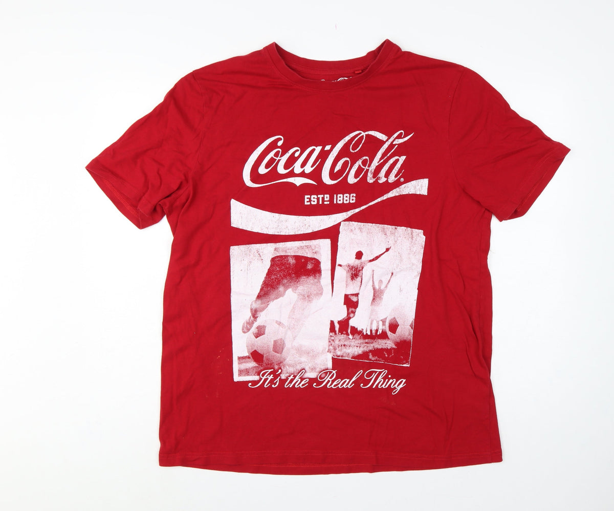 Back view of Coca-Cola Men’s Red XL Crew Neck Graphic Football T-Shirt