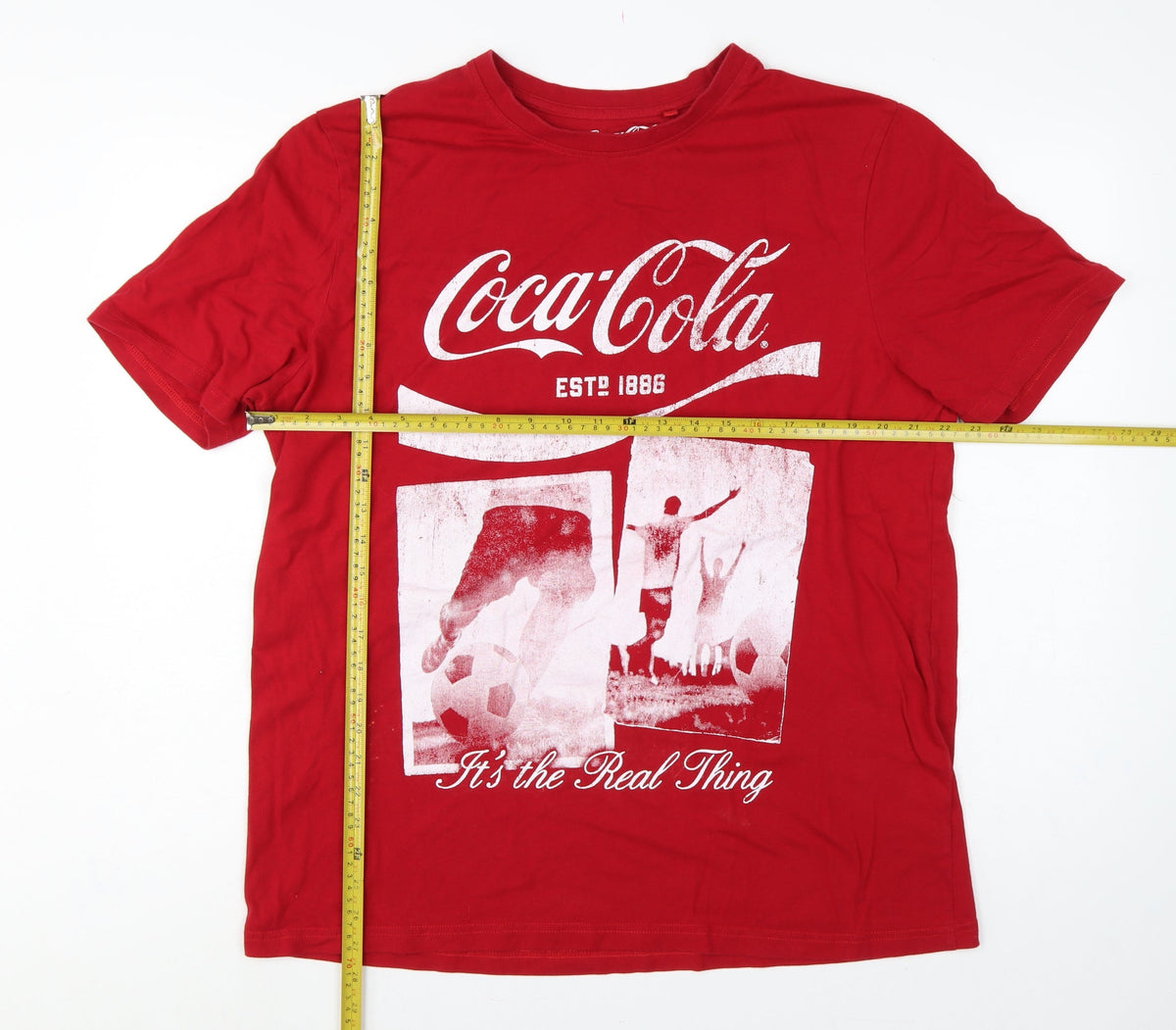 Close-up detail of Coca-Cola Men’s Red XL Crew Neck Graphic Football T-Shirt