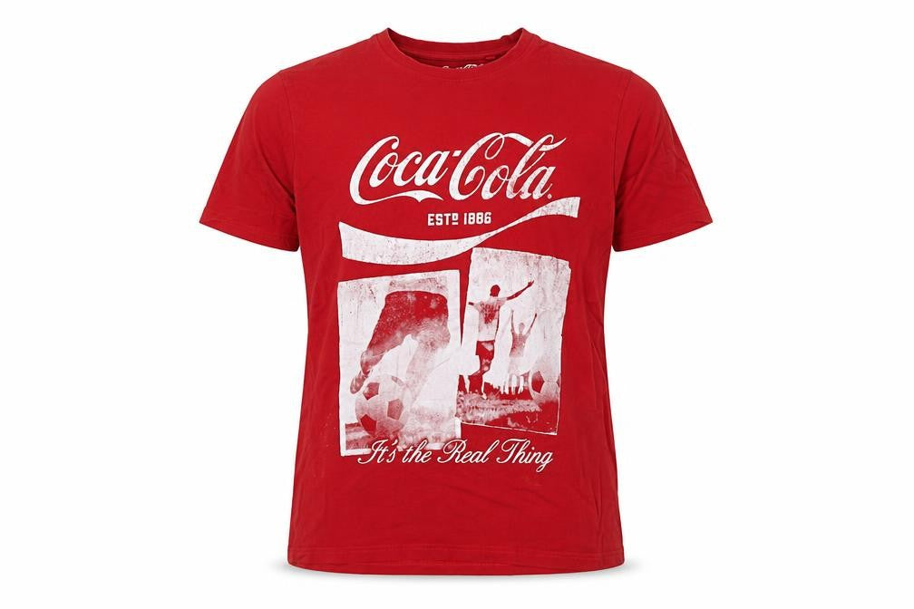 Front view of Coca-Cola Men’s Red XL Crew Neck Graphic Football T-Shirt