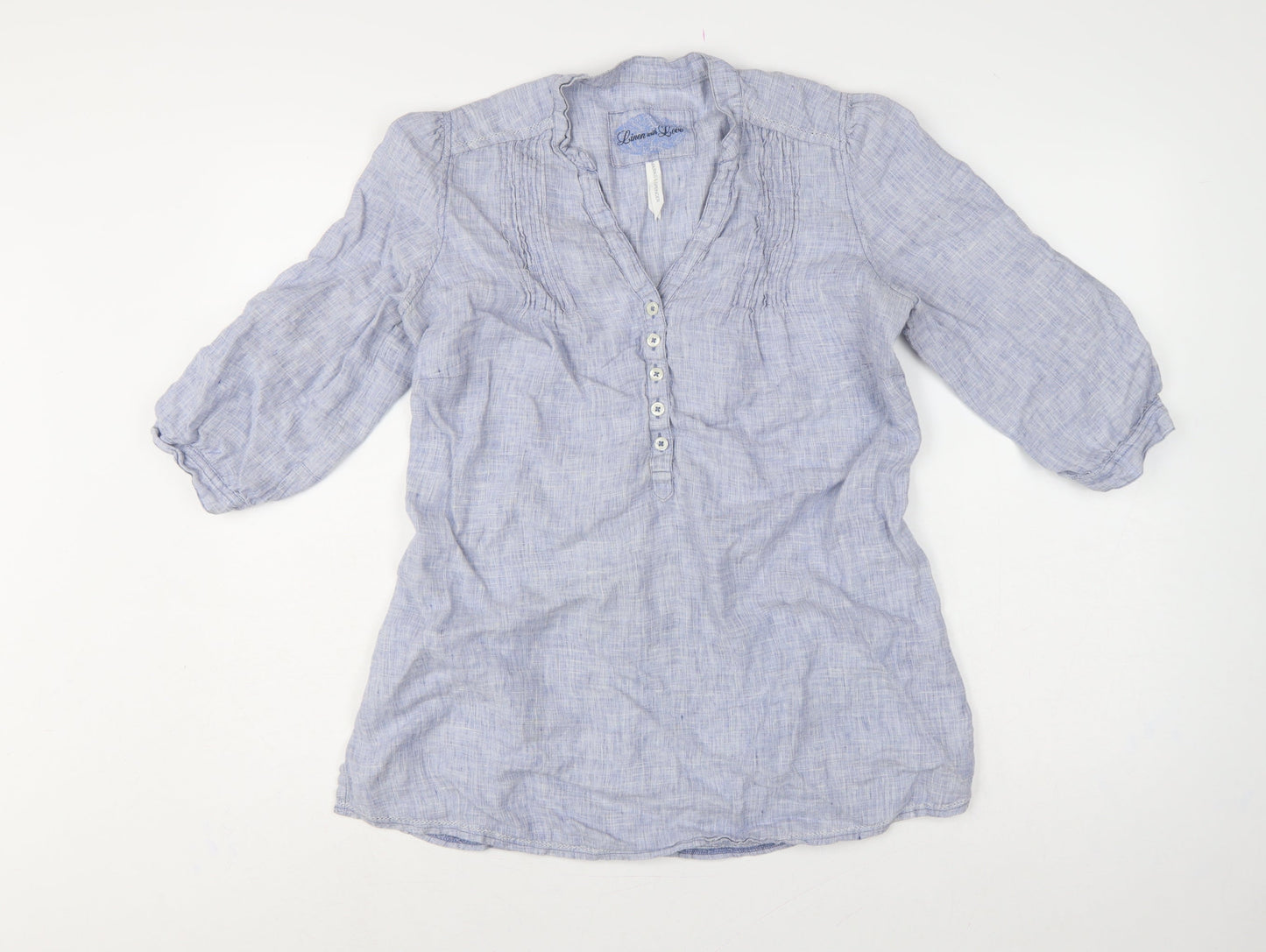 Marks & Spencer Women Blue UK 14 Linen Tunic Blouse Roll Tab Sleeves