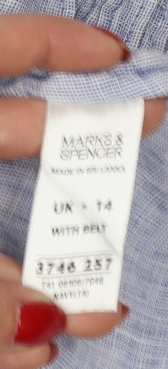 Marks & Spencer Women Blue UK 14 Linen Tunic Blouse Roll Tab Sleeves