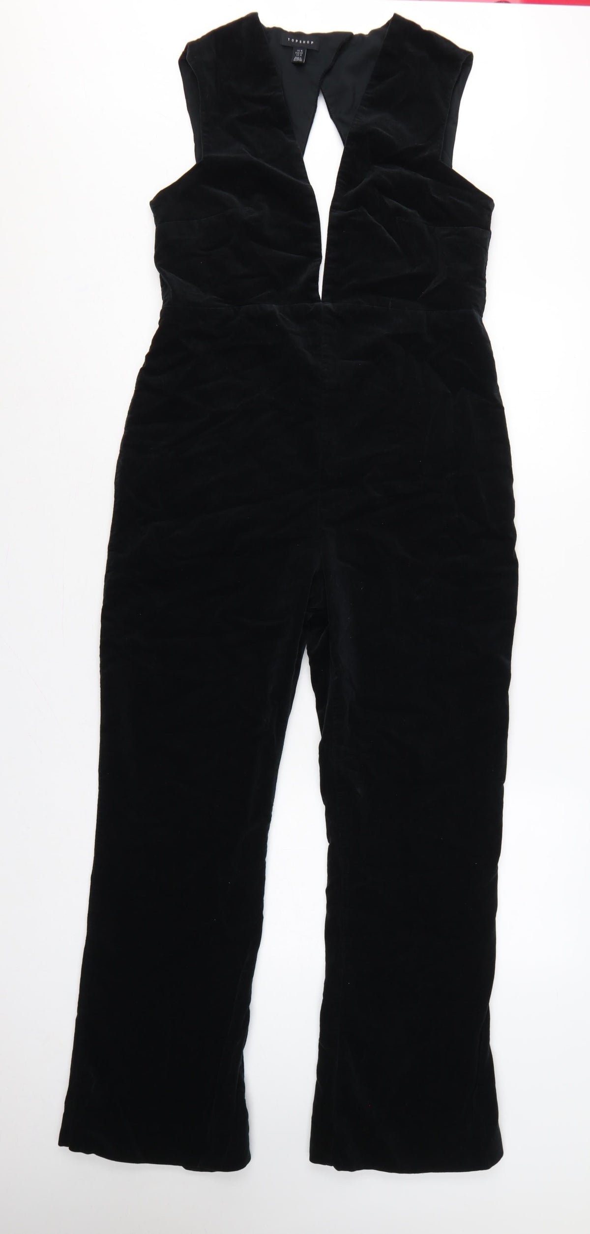 Topshop Women Black UK 14 Velvet V-Neck Backless Flared Jumpsuit