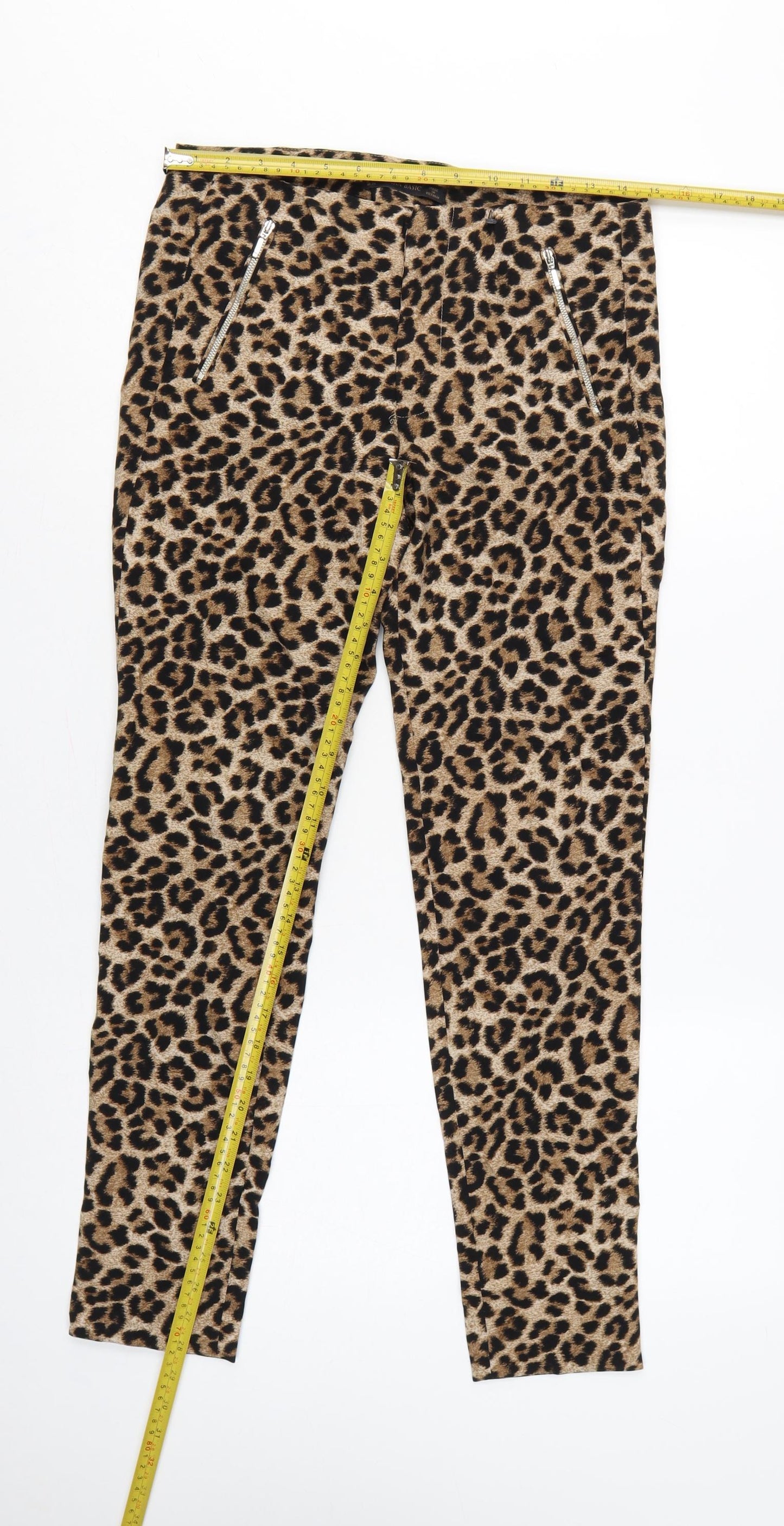 Zara Basic Women Brown Leopard Print Skinny Trousers Size S Zip Pockets