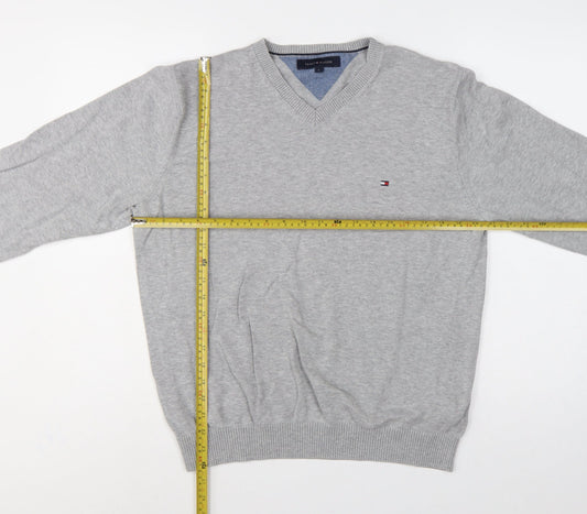 Tommy Hilfiger Men’s Grey L V-Neck Cotton Logo Pullover Jumper