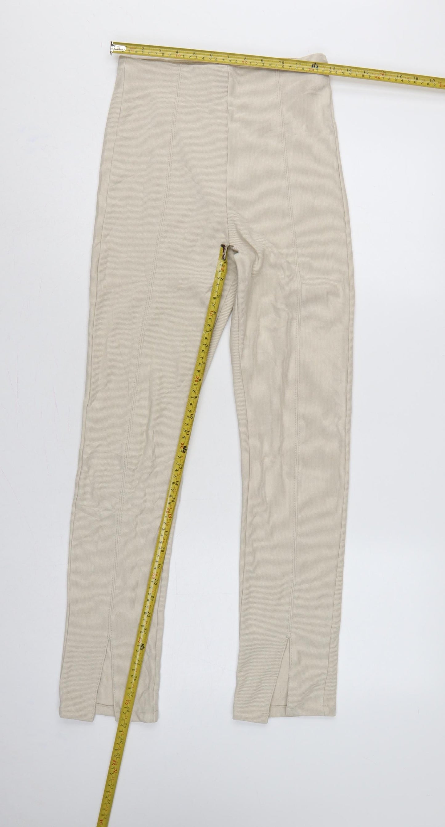 Stradivarius Women Beige S Ribbed High Rise Zip Hem Stretch Leggings