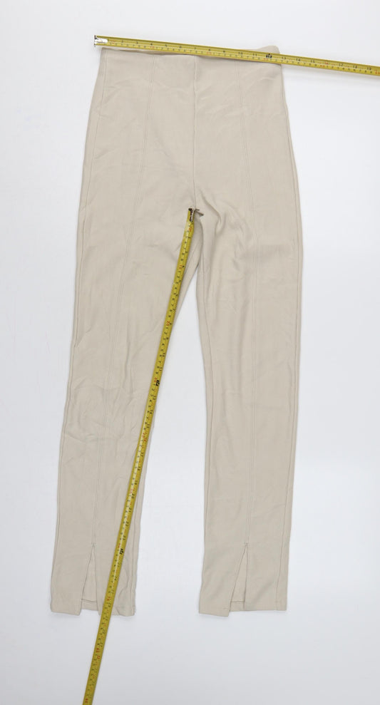 Stradivarius Women Beige S Ribbed High Rise Zip Hem Stretch Leggings