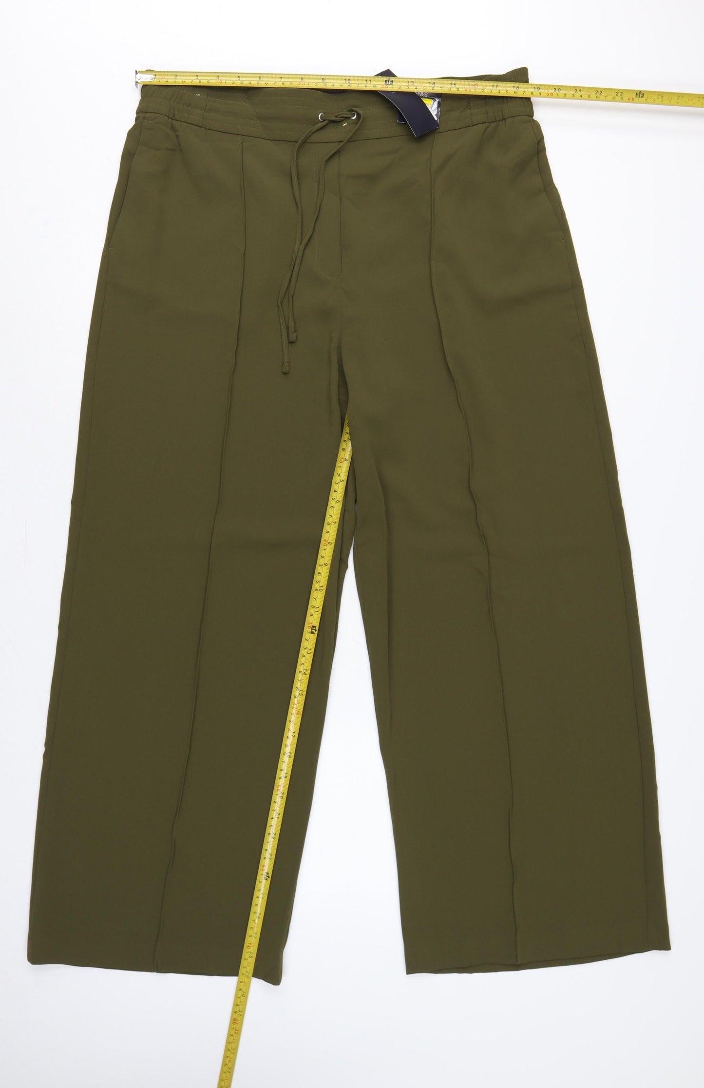Marks and Spencer Women Green UK 18 Regular Wide-Leg Drawstring Trousers