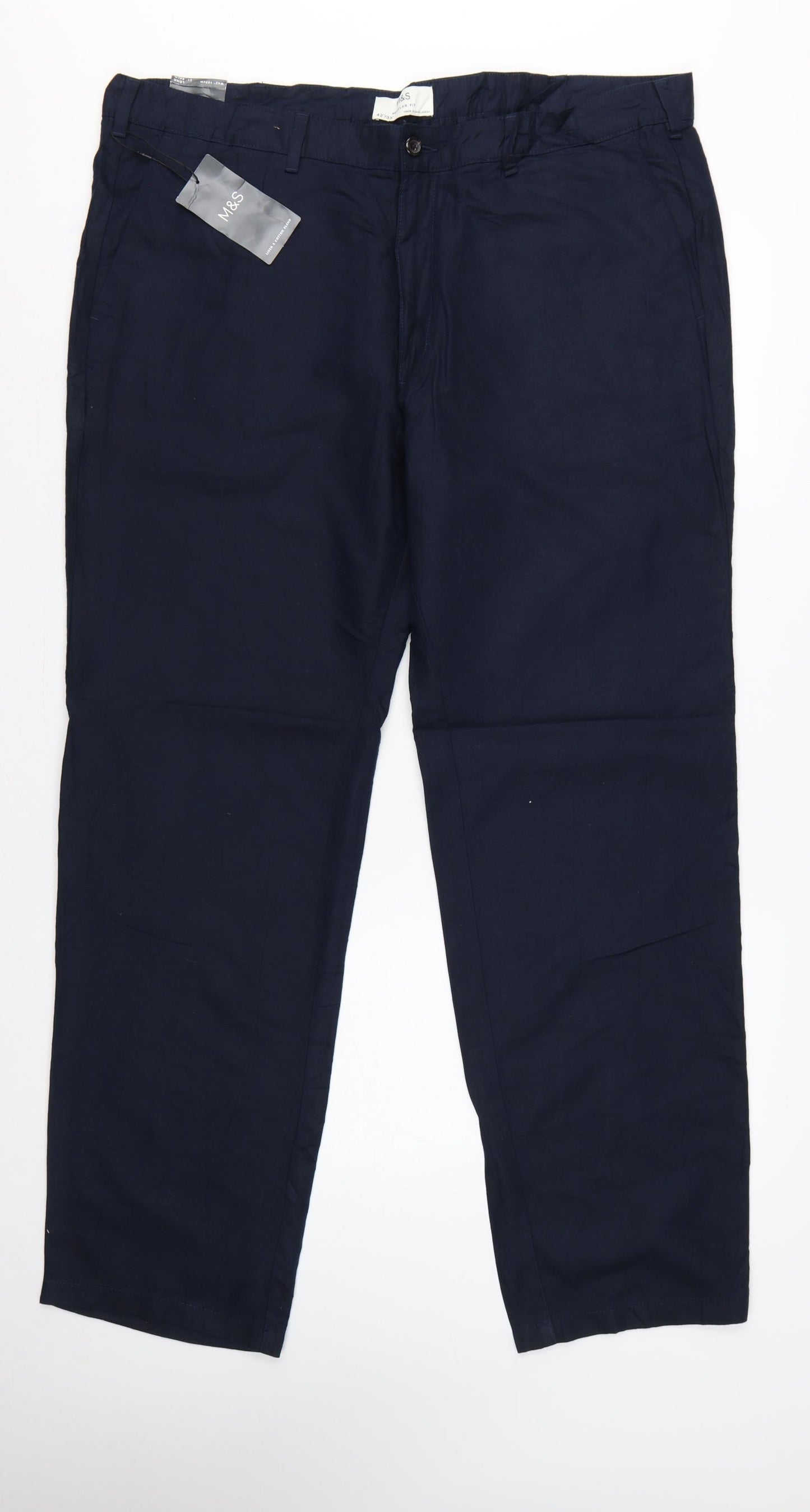 Marks and Spencer Men Blue 42 33 Regular Fit Linen Cotton Chino Trousers