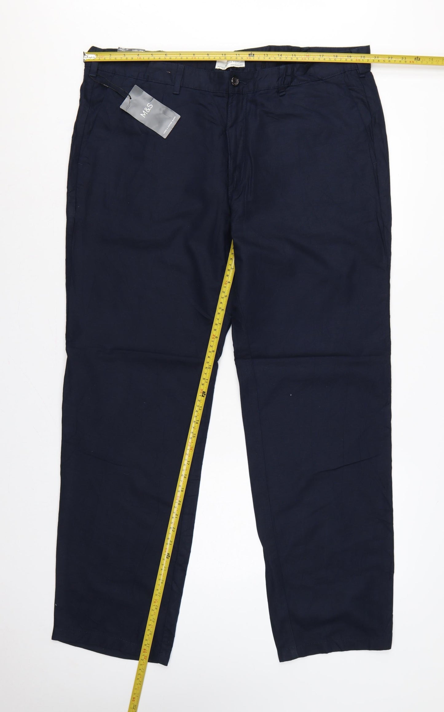 Marks and Spencer Men Blue 42 33 Regular Fit Linen Cotton Chino Trousers