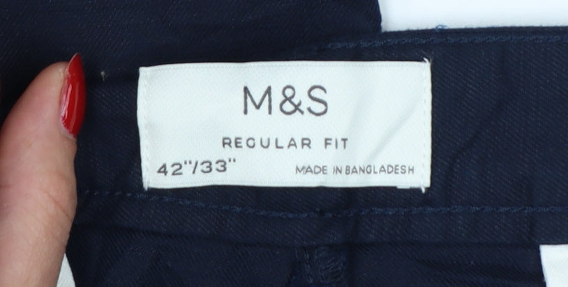 Marks and Spencer Men Blue 42 33 Regular Fit Linen Cotton Chino Trousers