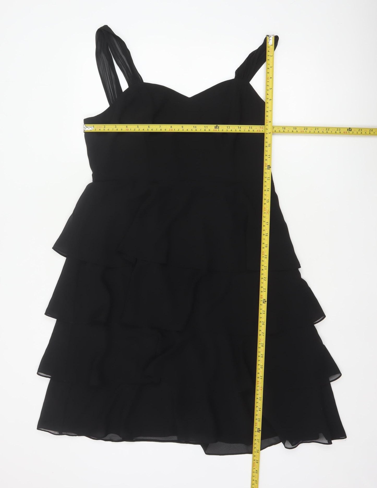 John Lewis Women Black UK 14 Long Chiffon Ruffle Fit & Flare Dress