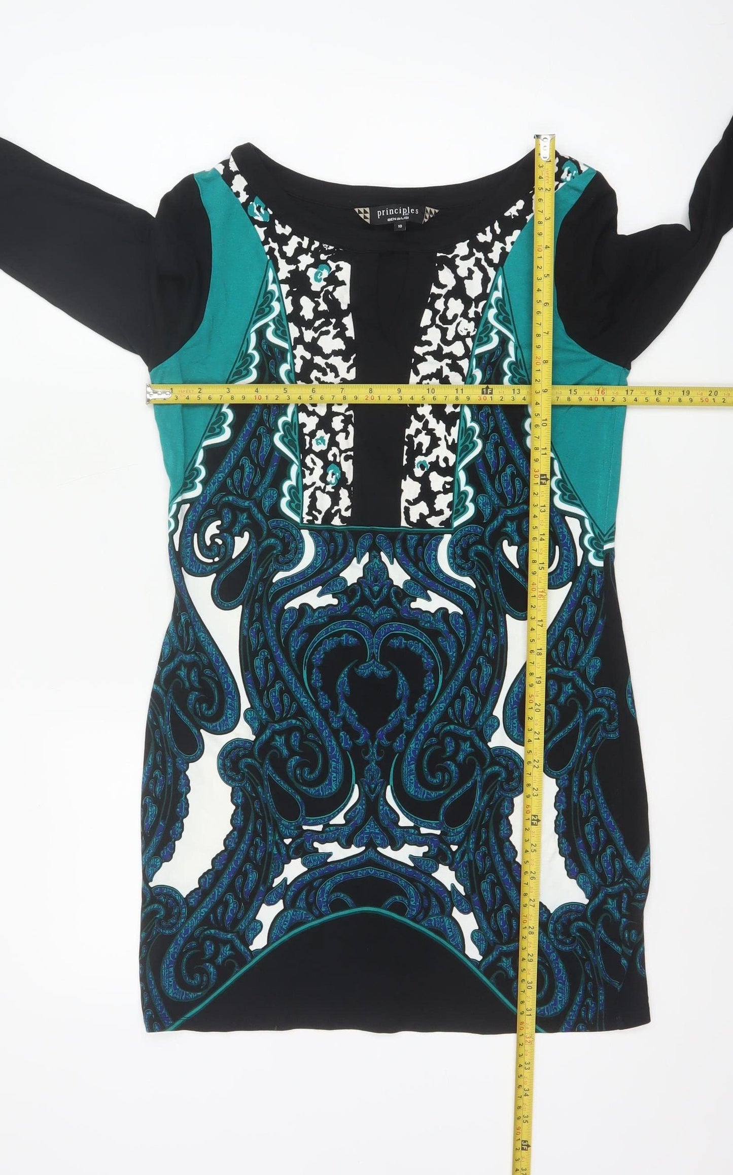 Principles Ben de Lisi Women Black Teal UK 10 Paisley Sheath Dress