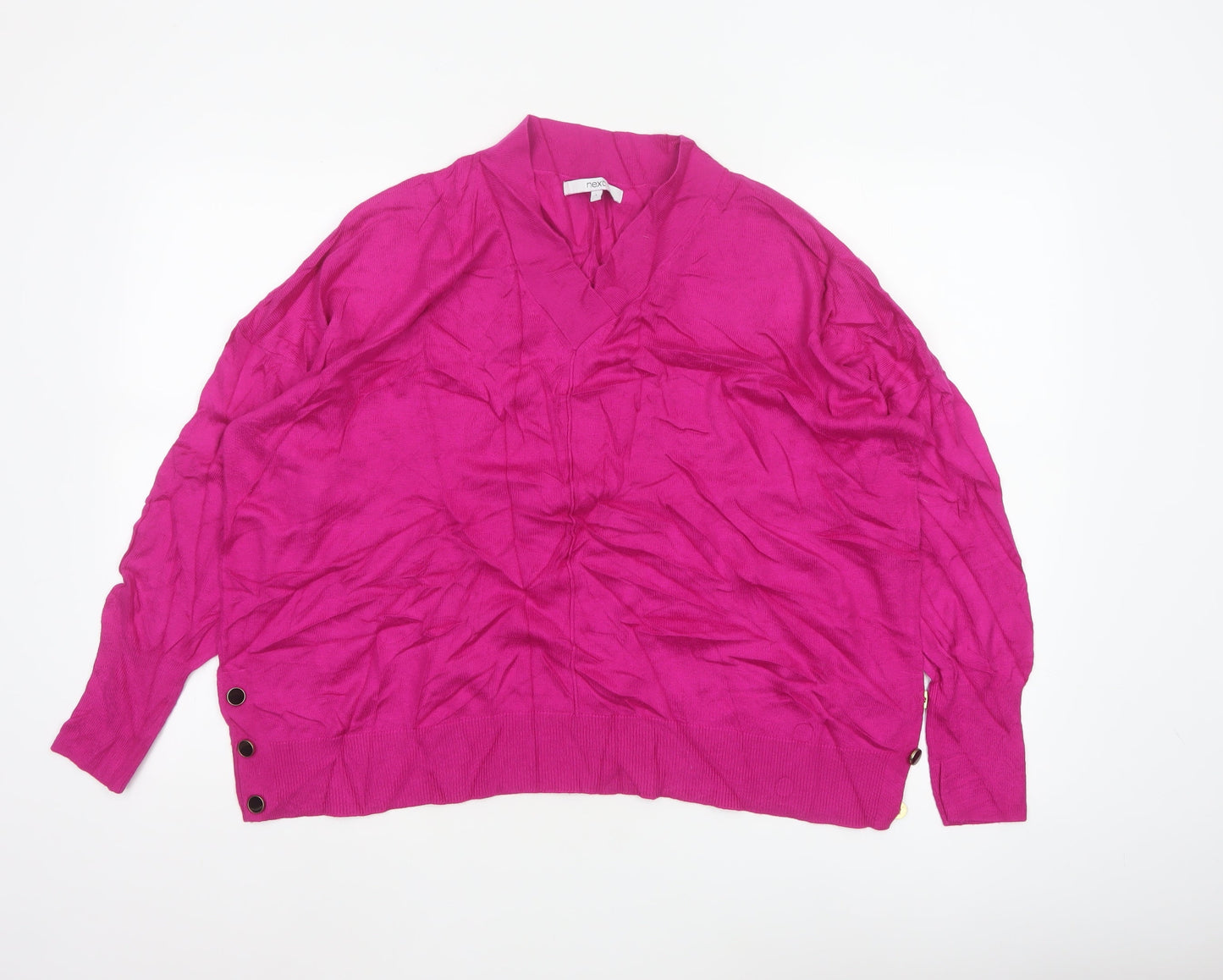 Next Women Pink L V-Neck Fine Knit Button Detail Jumper