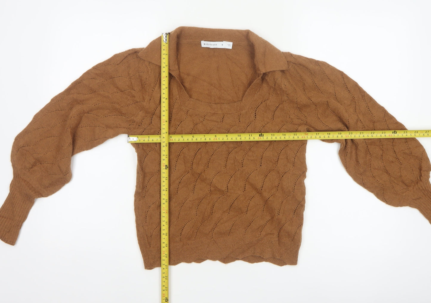 Warehouse Women Brown S Collared Puff Sleeve Open-Knit Jumper