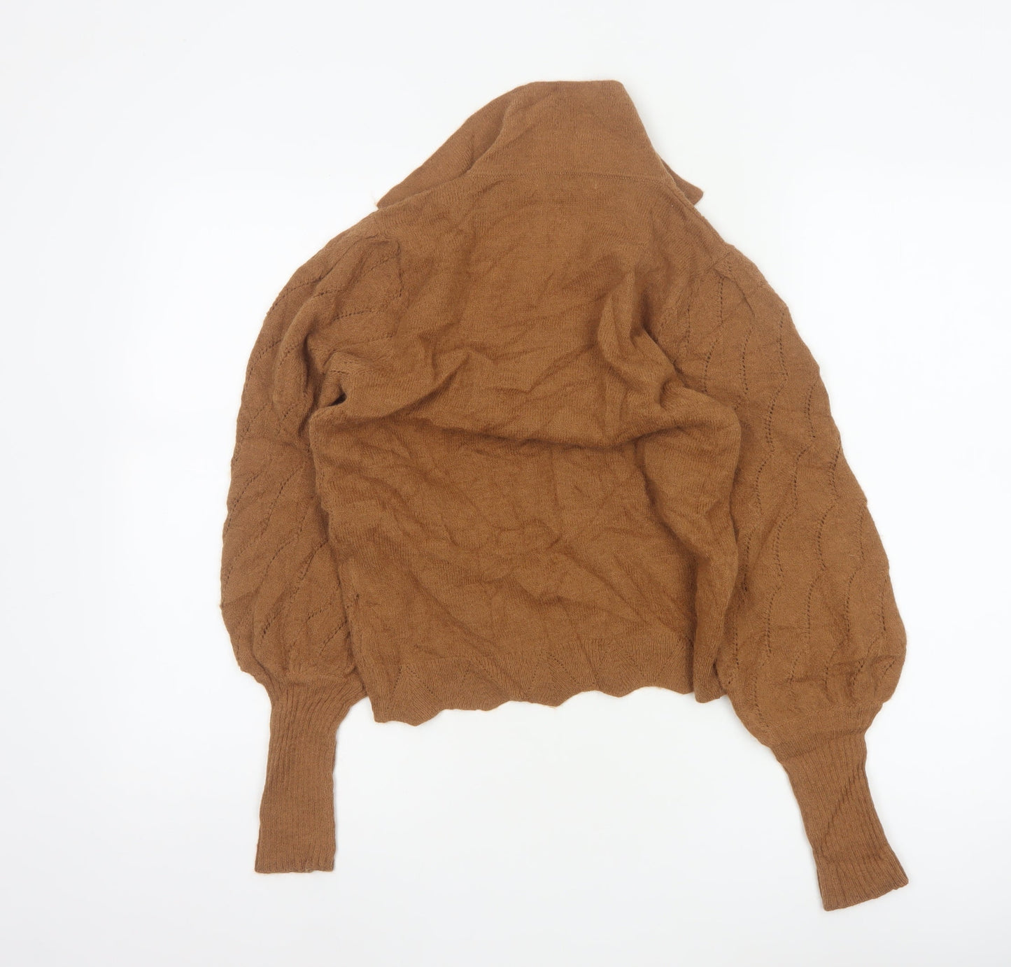 Warehouse Women Brown S Collared Puff Sleeve Open-Knit Jumper