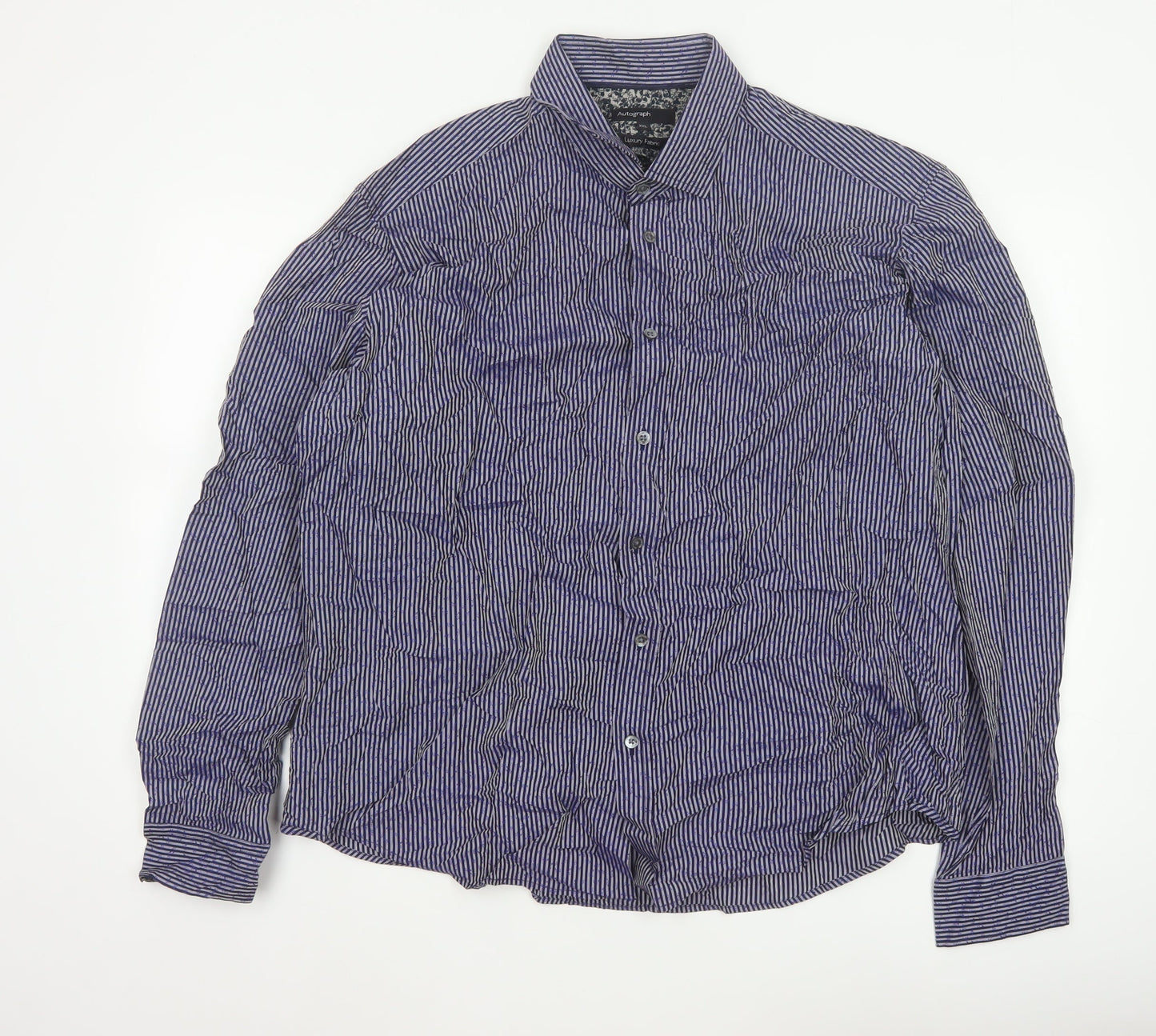 Autograph Men Blue Striped Floral Cotton Shirt 2XL Long Sleeve