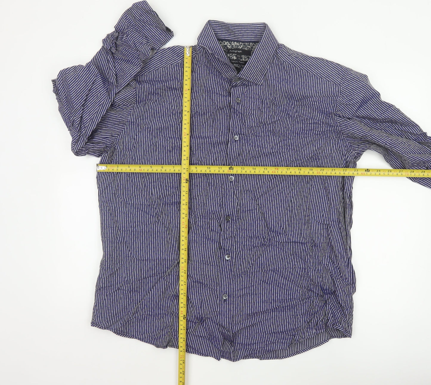 Autograph Men Blue Striped Floral Cotton Shirt 2XL Long Sleeve