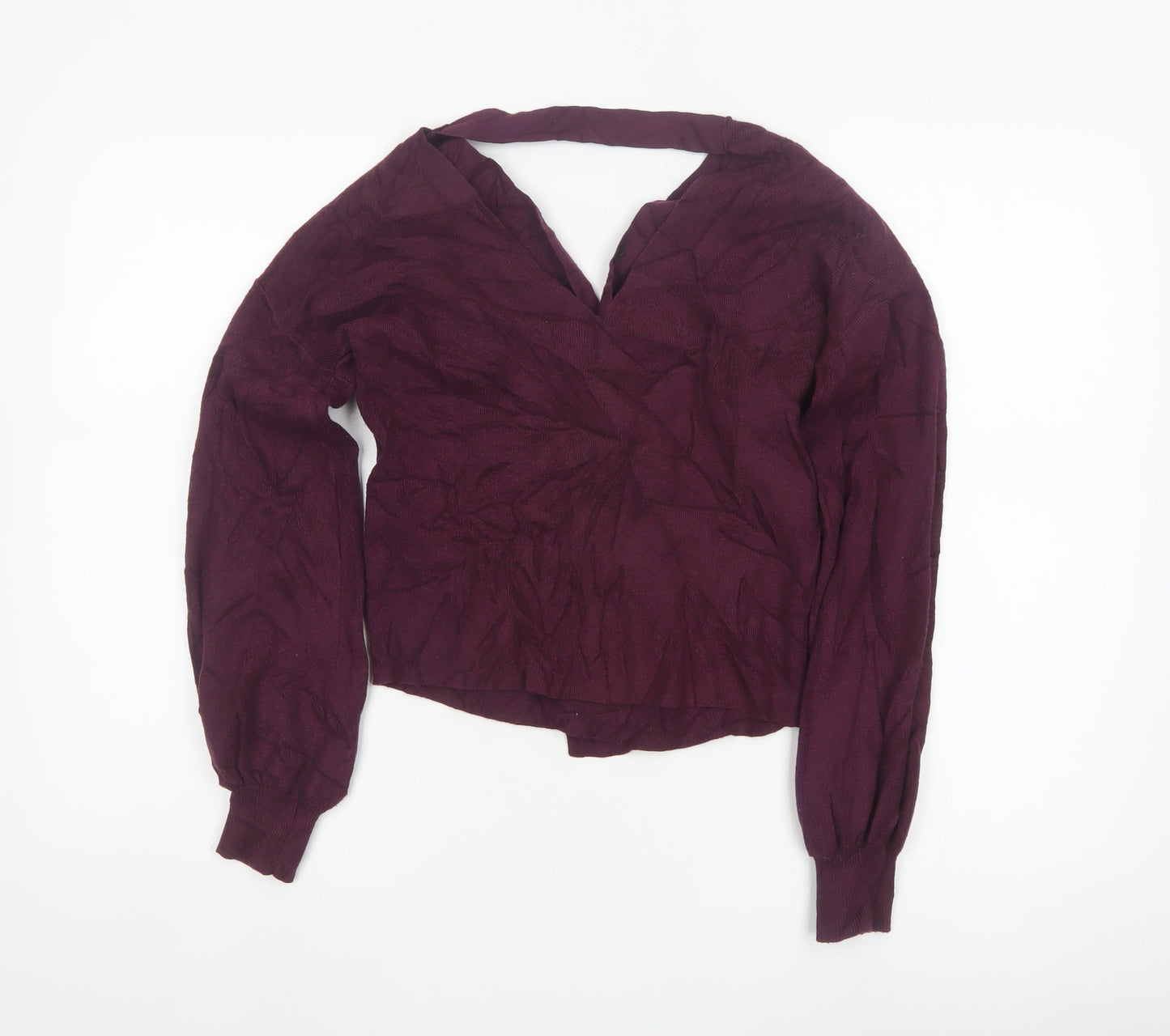 Miss Selfridge Women Purple UK 6 Wrap V-Neck Balloon Sleeve Knit Jumper
