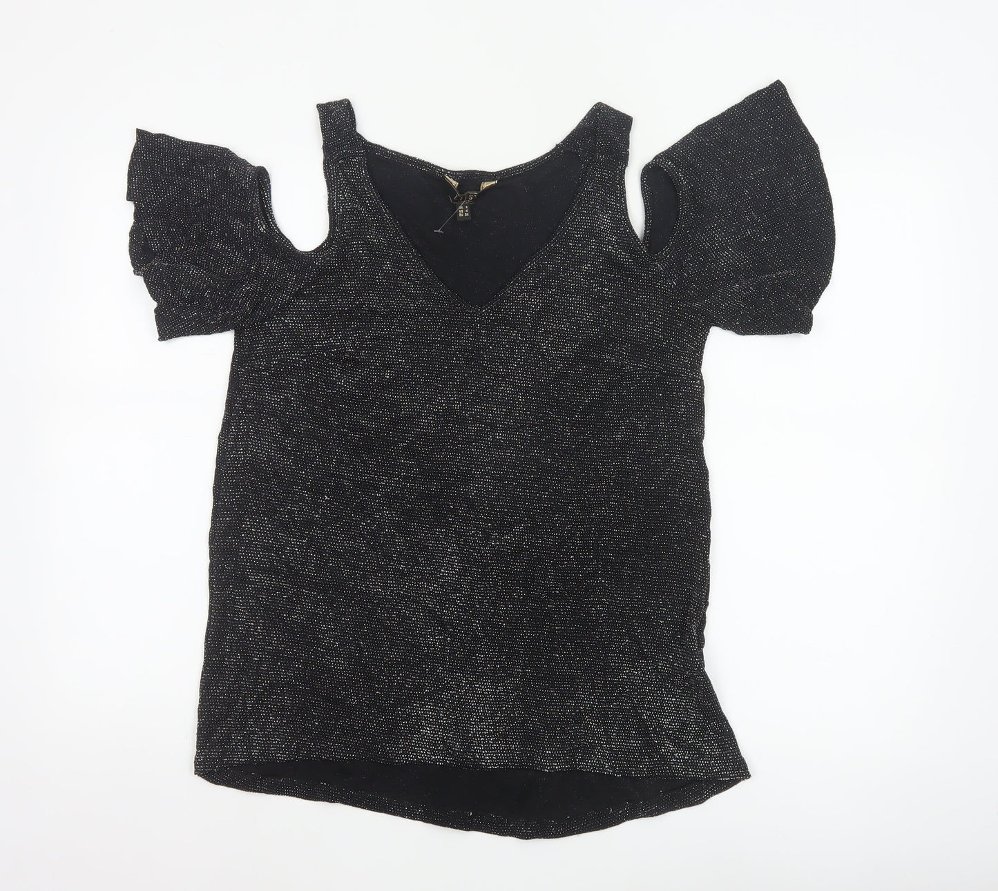 Lipsy London Women’s Black Glitter Cold Shoulder V-Neck Basic Top UK 8