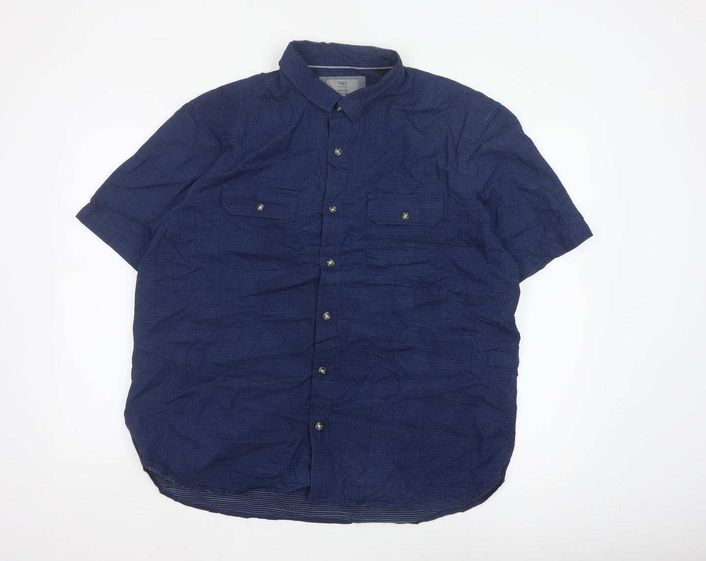 Marks & Spencer Men Blue XL Regular Cotton Short Sleeve Button-Up Shirt