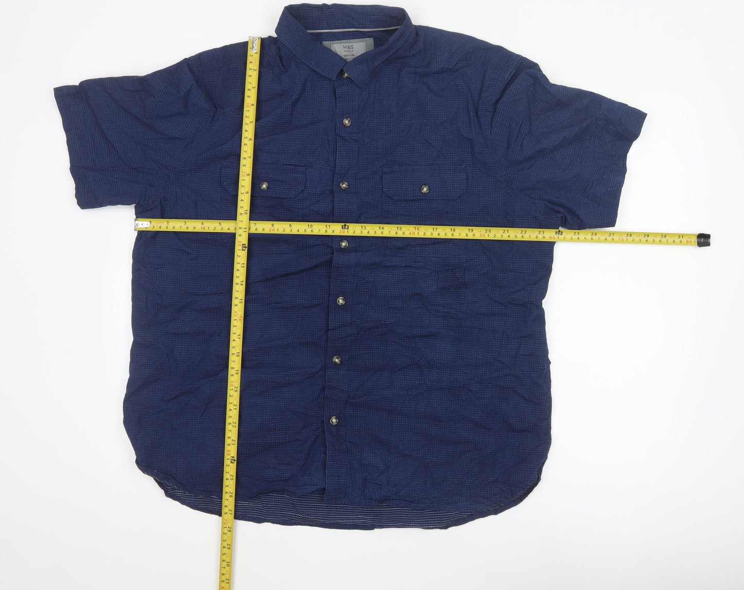 Marks & Spencer Men Blue XL Regular Cotton Short Sleeve Button-Up Shirt