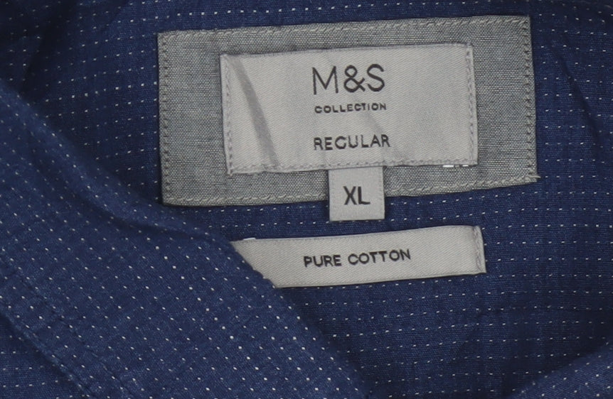 Marks & Spencer Men Blue XL Regular Cotton Short Sleeve Button-Up Shirt