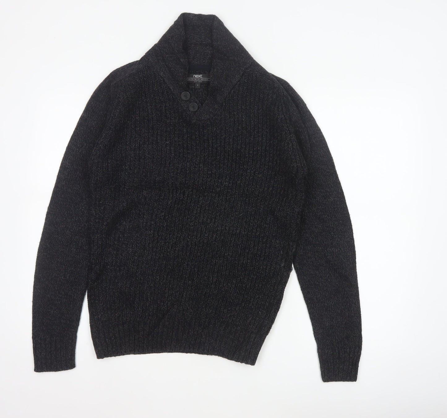 Next Men Black Small Henley Jumper Chunky Knit Button High Neck