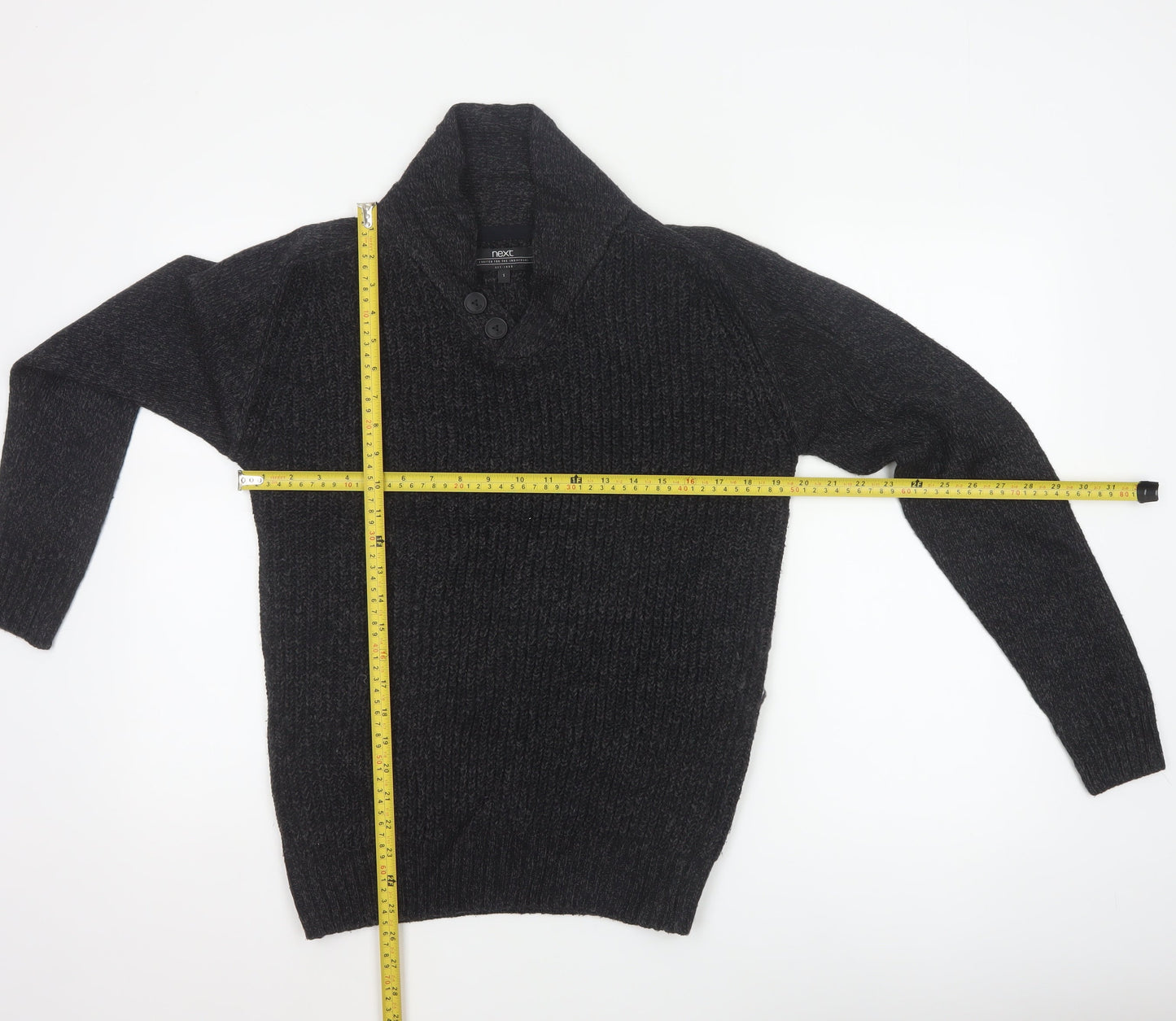 Next Men Black Small Henley Jumper Chunky Knit Button High Neck