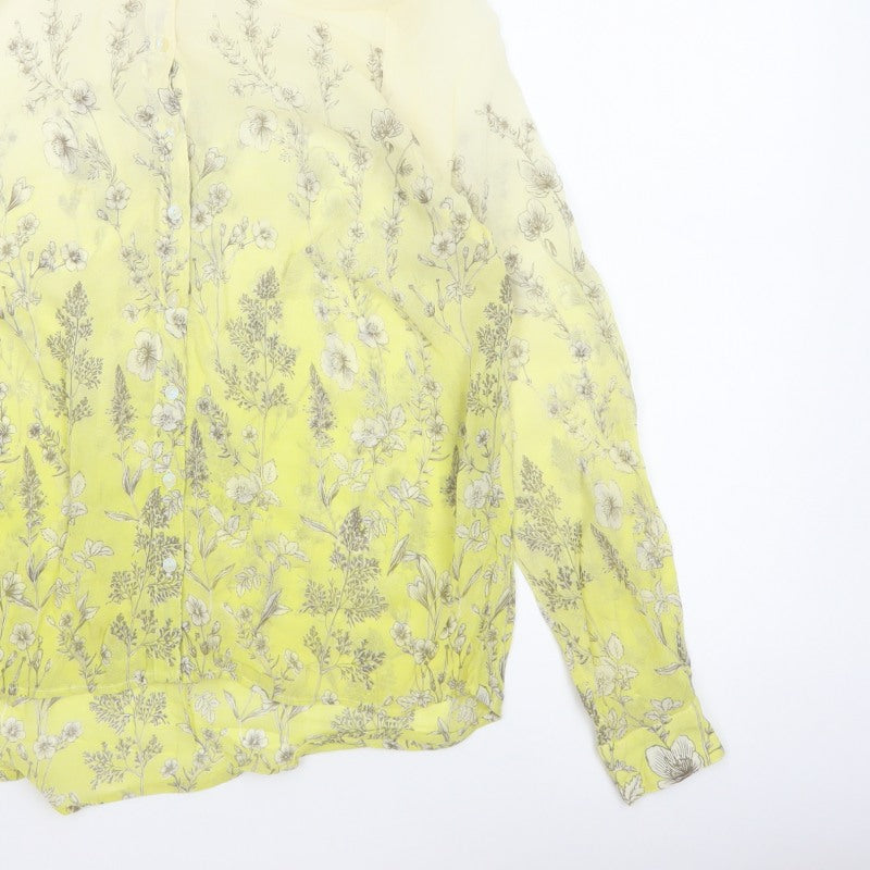 Next Petite Women Yellow Floral Sheer Button-Up Blouse UK 14 Long Sleeve