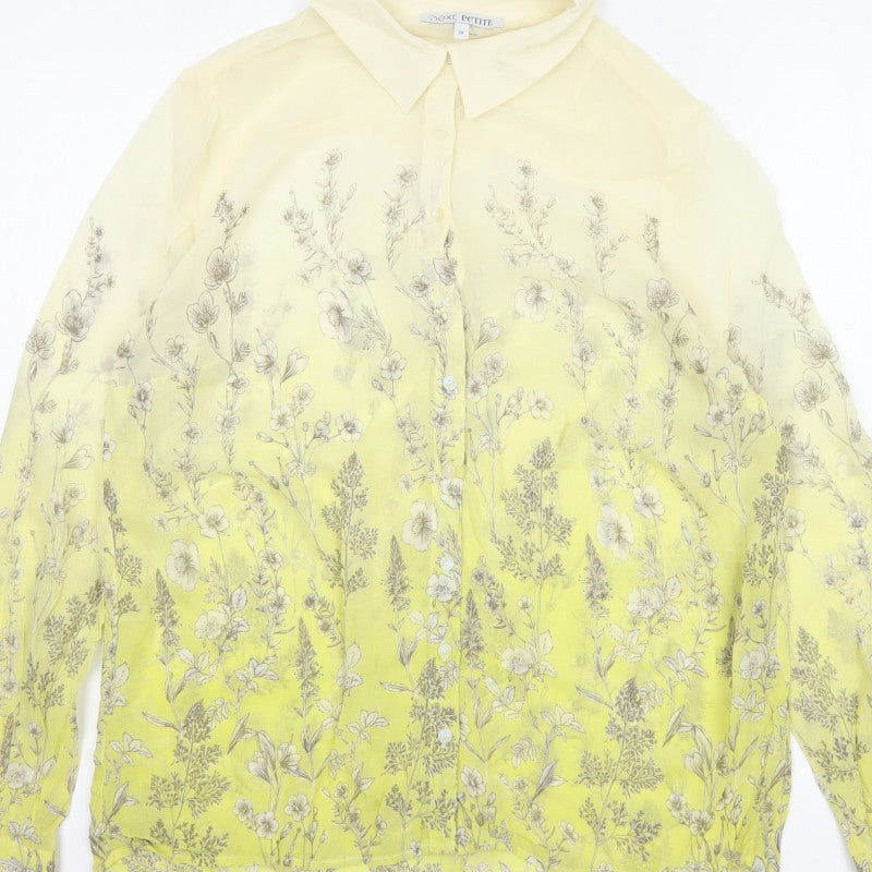 Next Petite Women Yellow Floral Sheer Button-Up Blouse UK 14 Long Sleeve