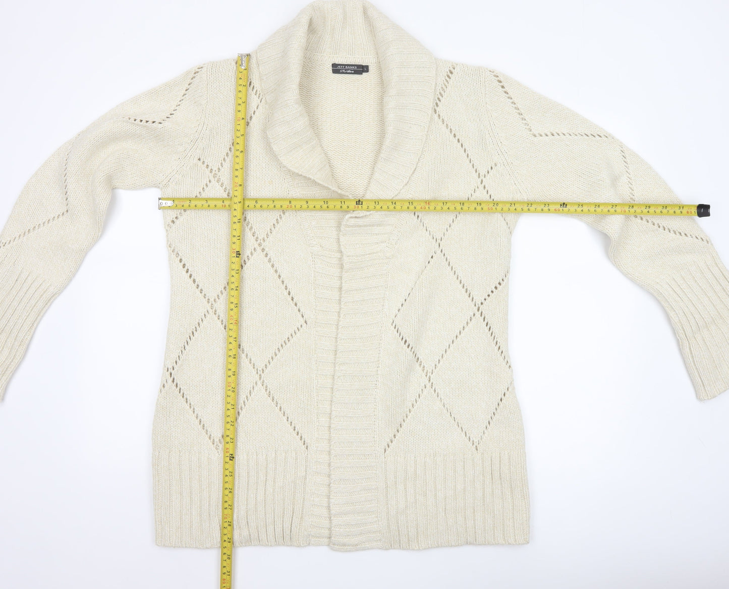 Jeff Banks Studio Women Ivory L Open Shawl Collar Argyle Knit Cardigan